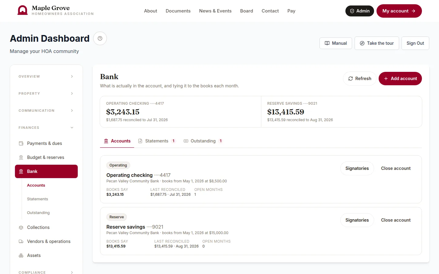 Bank reconciliation in the board console: a statement's lines matched to receipts and expenses, and the month signed off