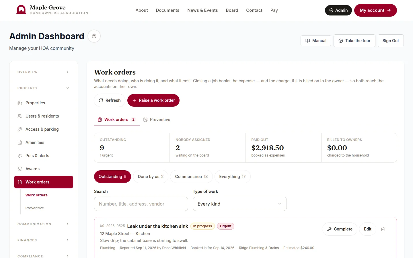 Work orders in the board console: open jobs, who is assigned, and what each cost