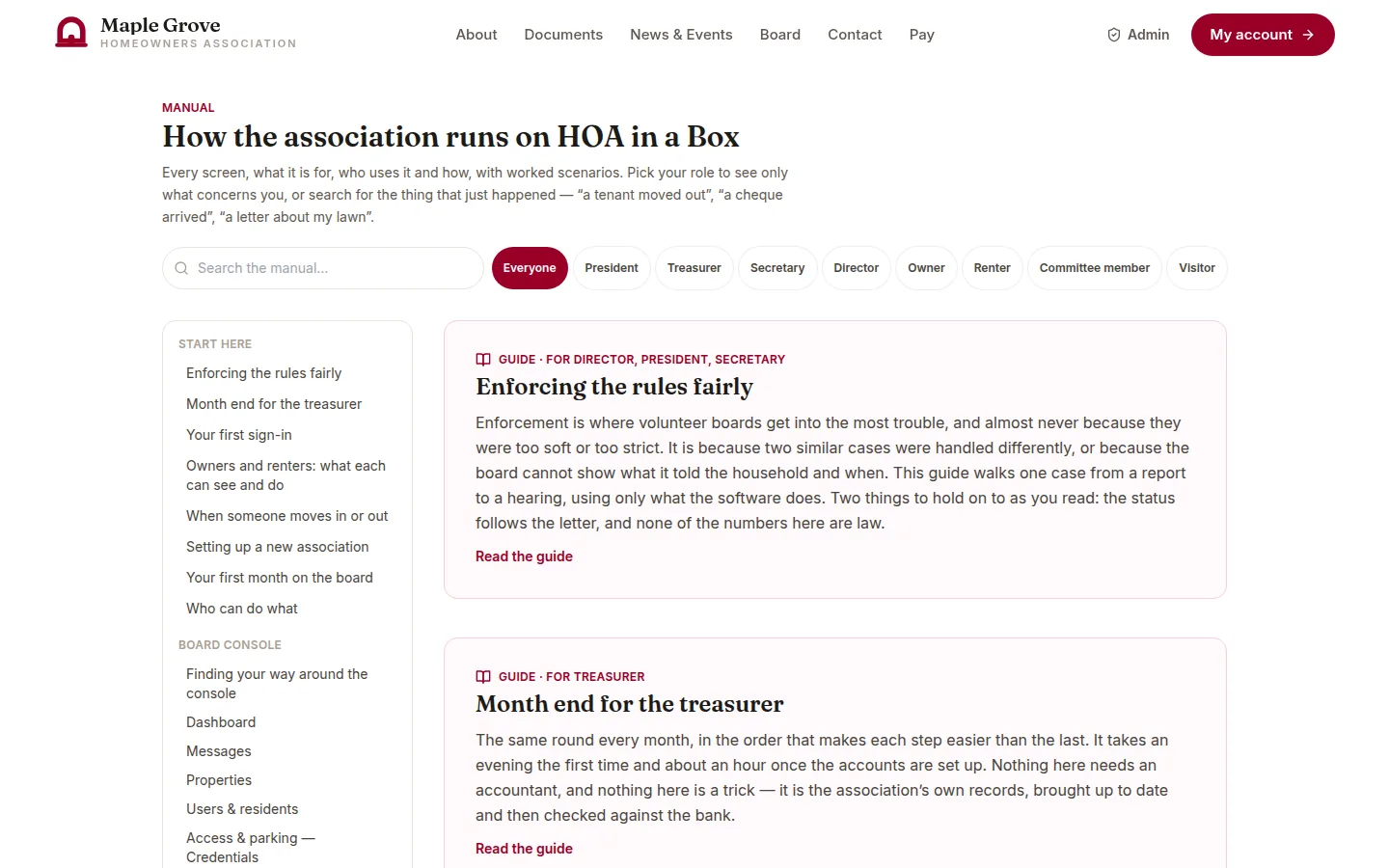 The manual, with guides for new board members at the top, role filters, and a search across every screen