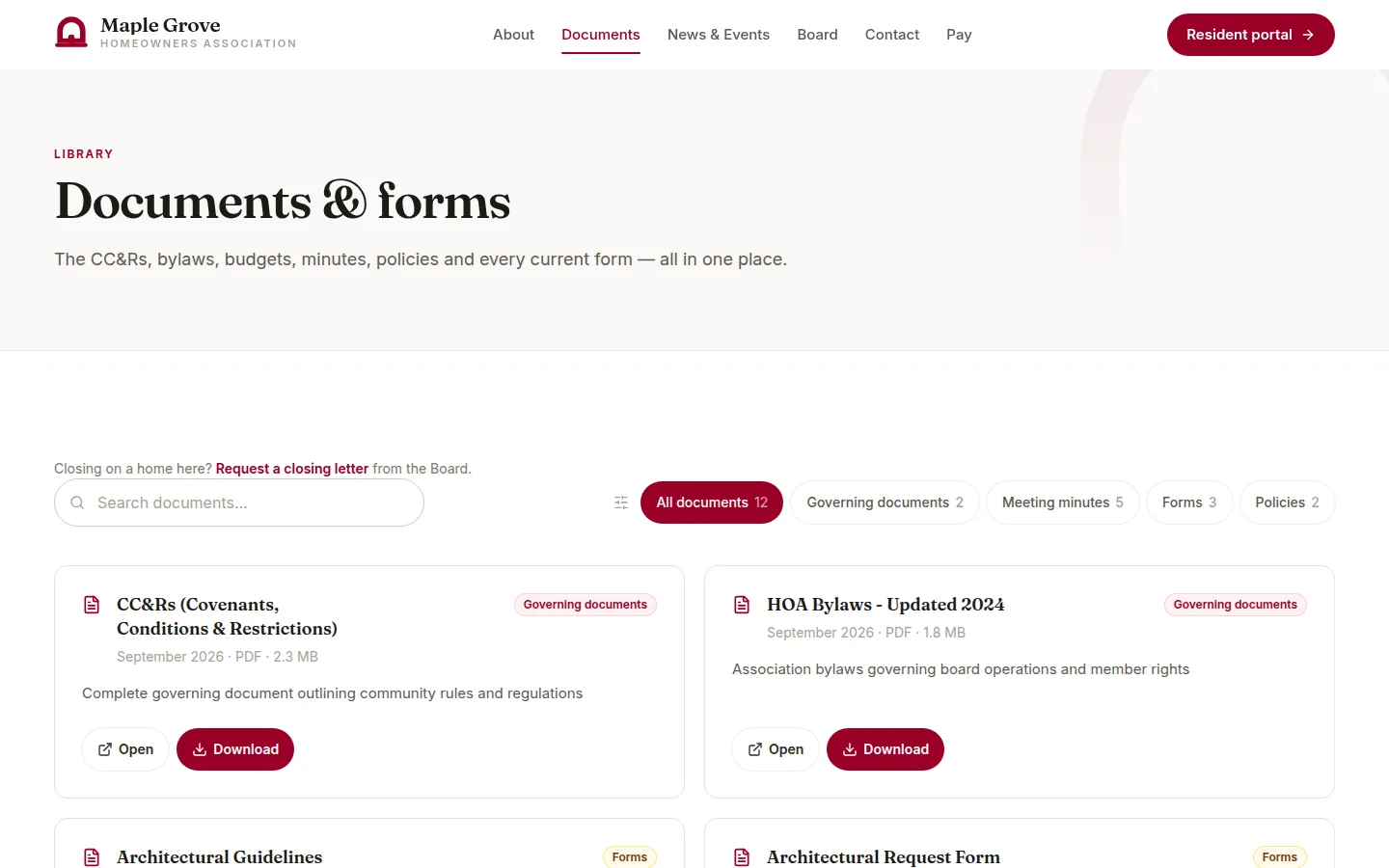 The association's public documents and forms library, with the CC&Rs and bylaws