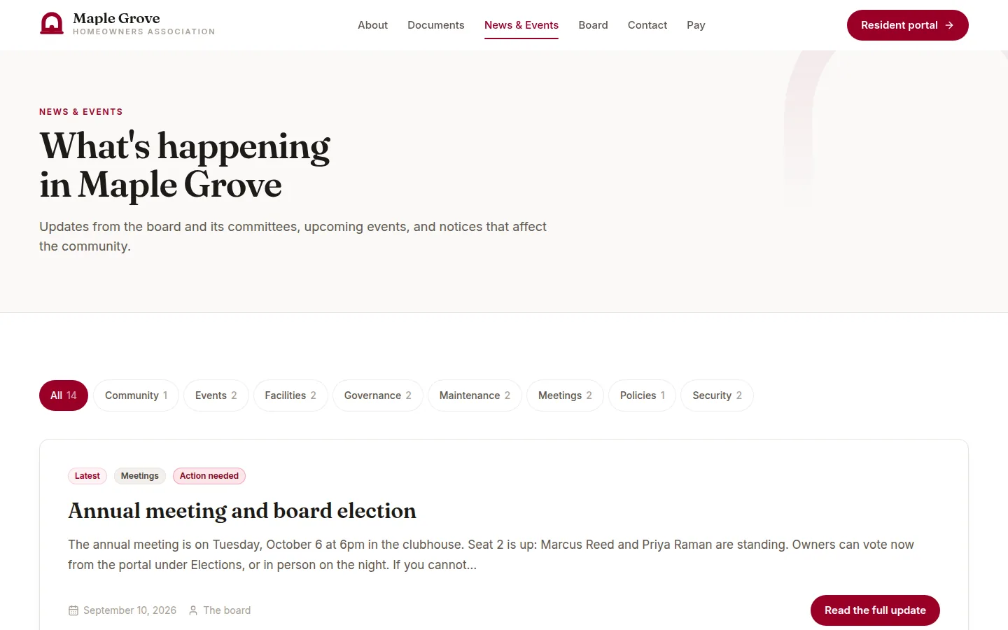 The public news and events page, with the annual meeting and board election notice