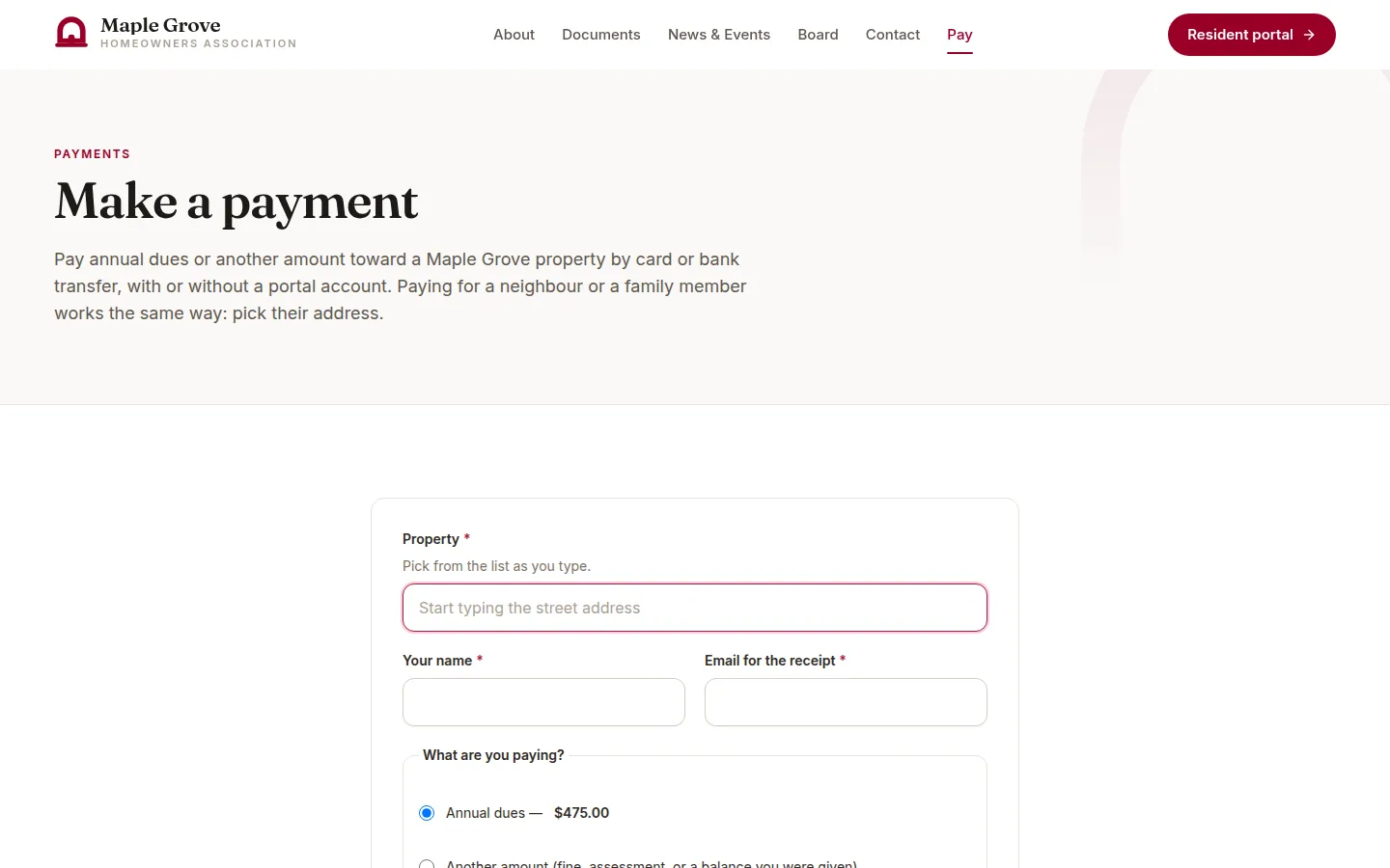 The association's public pay page: pay toward a home by card or bank transfer, with or without a portal account