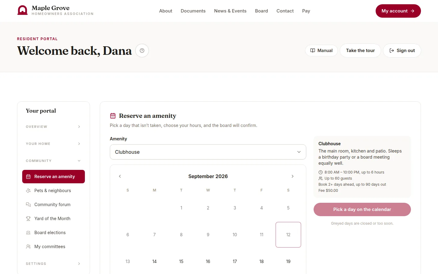 The amenity reservation screen in the resident portal