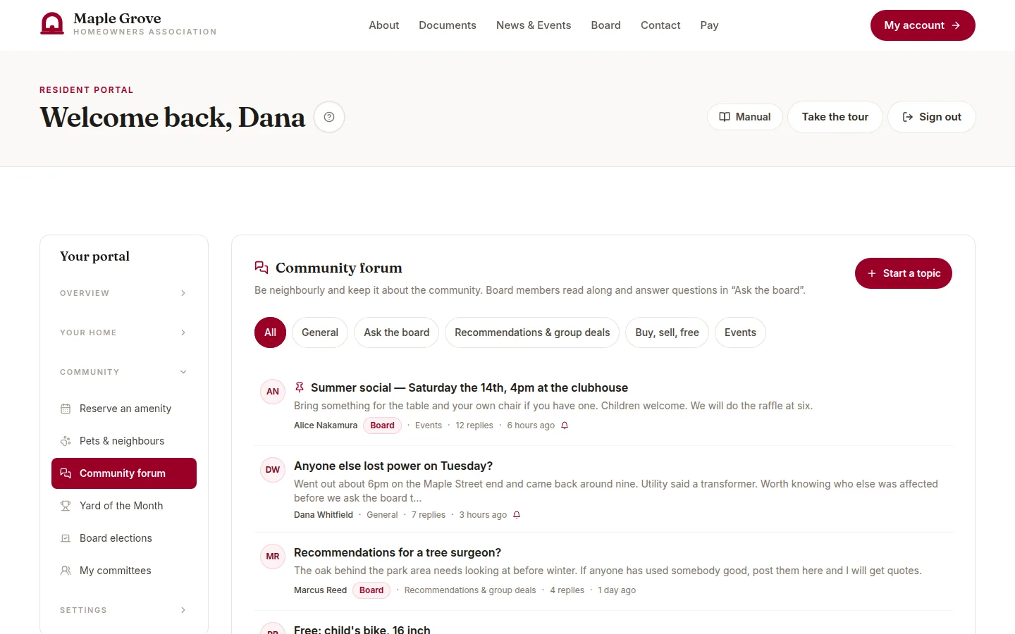 The community forum with categories, a pinned summer social and a thread about a power outage