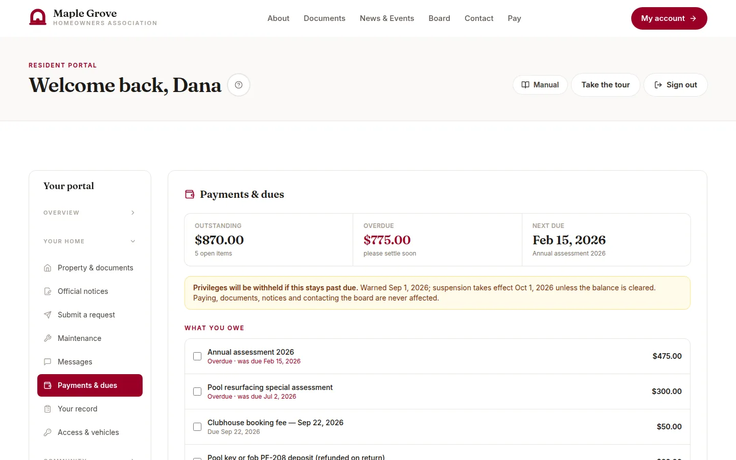 A homeowner's balance in the portal